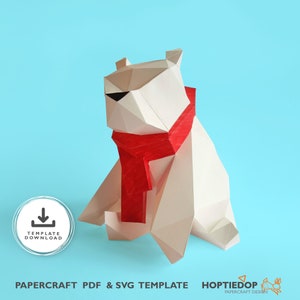 Papercraft 3D Eisbär Vorlage, DIY LowPoly druckbares Tier, Papierfigur Weihnachtsgeschenk, sitzende Bär Statue für Schreibtisch, Junge Zimmerdeko