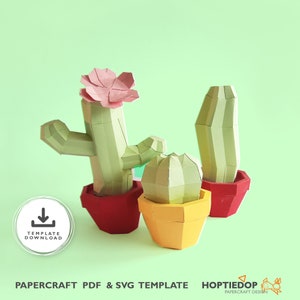 Papercraft 3D Kaktus Bundle Vorlage, DIY Fake Pflanzen Bastelmuster für Schreibtischdekor, LowPoly mexikanische Kakteen druckbare Origami PDF & SVG