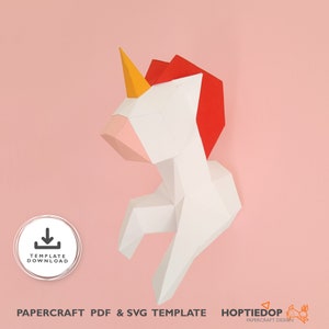 Papercraft 3D Unicorn WallArt, Template PDF&SVG, DIY Animal trophy heads, Printable gift for teenager, Low poly children&#39;s room craft décor