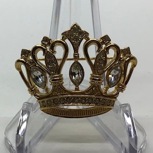 Vintage KJL for Avon Gold tone Rhinestone Crown Brooch