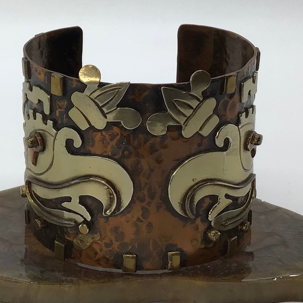 Vintage Casa Maya Hubert Pickering Harmon Wide Mixed Metal Cuff Bracelet with Aztec Eagle Hawk and Floral Motifs