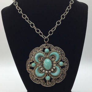 Vintage Silver tone Stamped Metal Pendant with Faux Turquoise Necklace