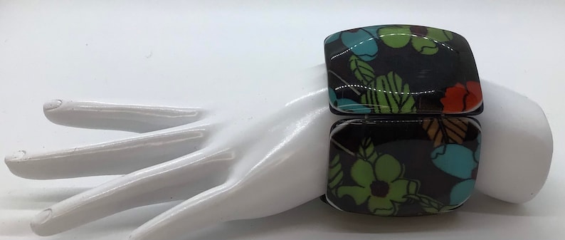 Vintage Wide Lucite Stretch Floral Fabric Cuff Bracelet image 2