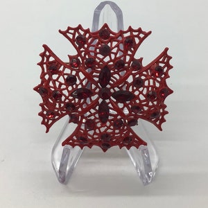 Vintage Red Enamel and Red Rhinestone Open Work Maltese Cross Brooch