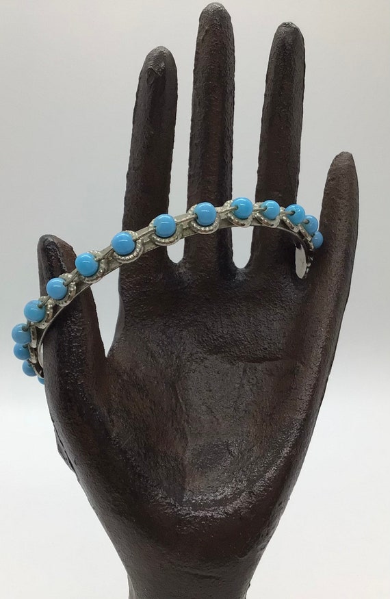 Vintage Silver Beaded Turquoise Bangle Bracelet - image 1