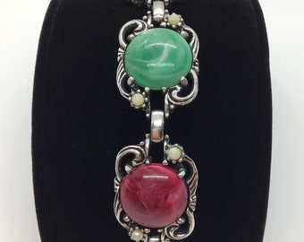 Vintage Multicolor Faux Gemstone Cabochon and Faux Pearl Link Bracelet