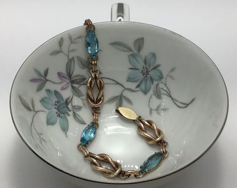 Vintage Gold Filled Knot Link Bracelet with Faux Aquamarine Gemstones