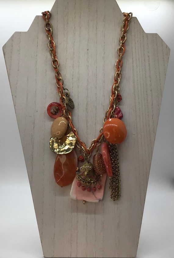 Vintage Gold tone Orange Peach Pink and Coral Bead