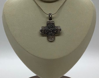 Vintage Sterling Silver Marcasite and Rhinestone Cross Pendant