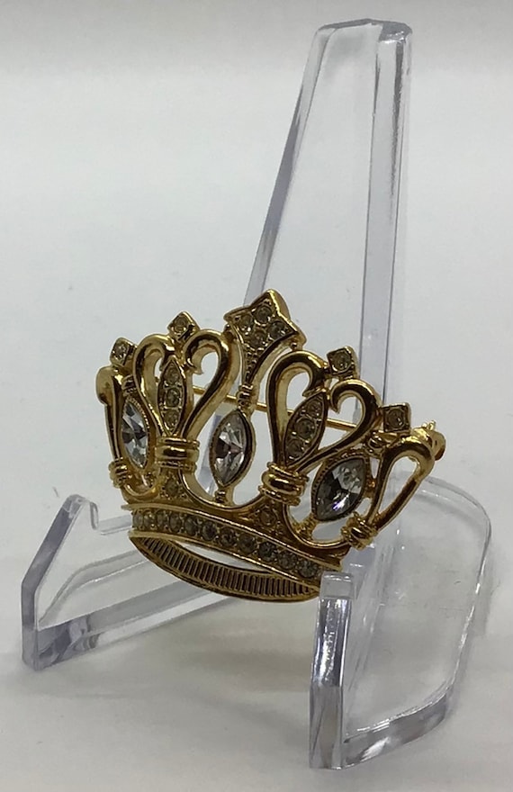 Vintage KJL for Avon Gold tone Rhinestone Crown B… - image 2
