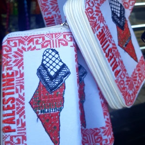 Portefeuille pour femme fait main avec broderie blanche traditionnelle Motif de broderie à la main palestinienne