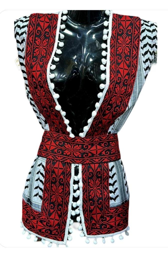 Women's Vest With A Palestinian Design, Made Of Shemagh Fabric And Embroidered Fabric With Hand Embroidery, Handcrafted In Jordan