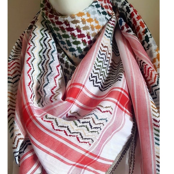 Palestine Scarf, Kuffiyeh Kofya Bandana, Unique Vintage Hatta Dress, Shemagh Shawl Handmade in Jordan, Mixed Colors, Keffiyeh Woven Stitched