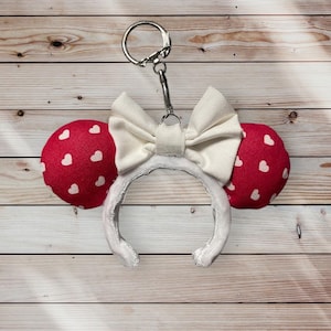 White heart theme mini mouse ear keychain/ bag charm, Minnie keychain, Mickey keychain.
