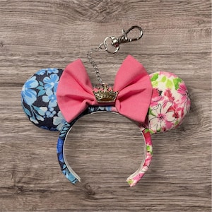 Princess Aurora inspired mini mouse ear keychain/bag charm, Minnie keychain, Mickey keychain.