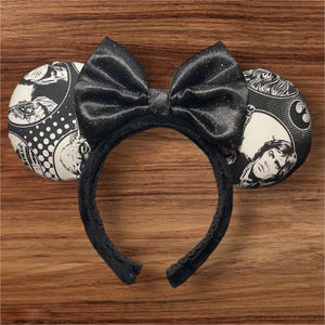 Orejas de Minnie Mouse con temática de Star Wars en blanco y negro, orejas de Mickey, Star Wars.
