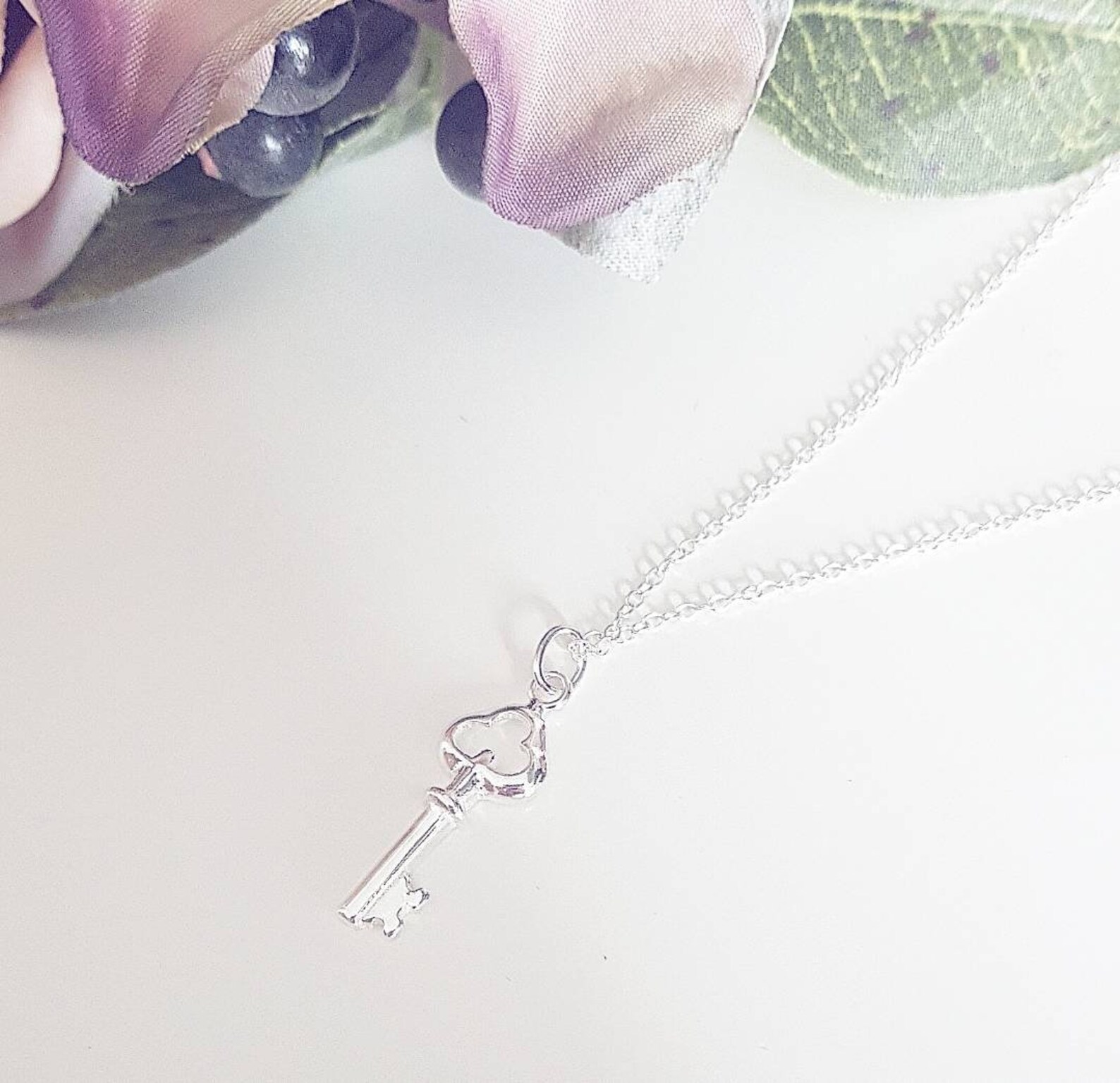 Sterling Silver Key Charm Necklace Etsy