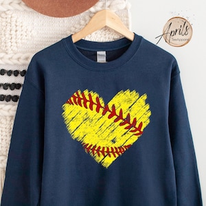 Softball Distressed Heart Sweatshirt, Softball Distressed Heart Hoodie, Baseball Heart Sweatshirt, Baseball Sweatshirt, Softball Mom Shirt