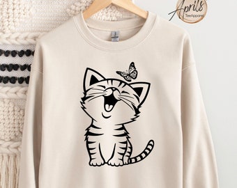 Cat with Butterfly Sweatshirt, Cat with Butterfly Hoodie, Cute Cat Hoodie, Cat Sweatshirt, Cat Hoodie, Butterfly Sweatshirt, Cat Lover Gift