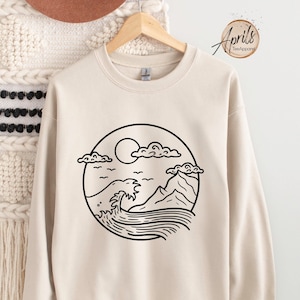 Mountains and Waves Graphic Sweatshirt: Retro Nature Crewneck