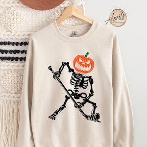 Skeleton Hockey Pumpkin Sweatshirt: Halloween Fall Hoodie