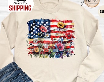Sudadera con estampado floral de la bandera estadounidense, sudadera patriótica con capucha para el 4 de julio