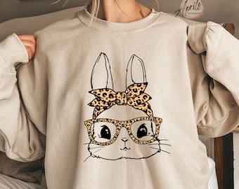 Cute Bunny Leopard Bandana Sweatshirt, Bunny Sweatshirt, Leopard Bunny Sweatshirt, Easter Bunny Shirt, Easter Sweatshirt, Leopard Sweatshirt