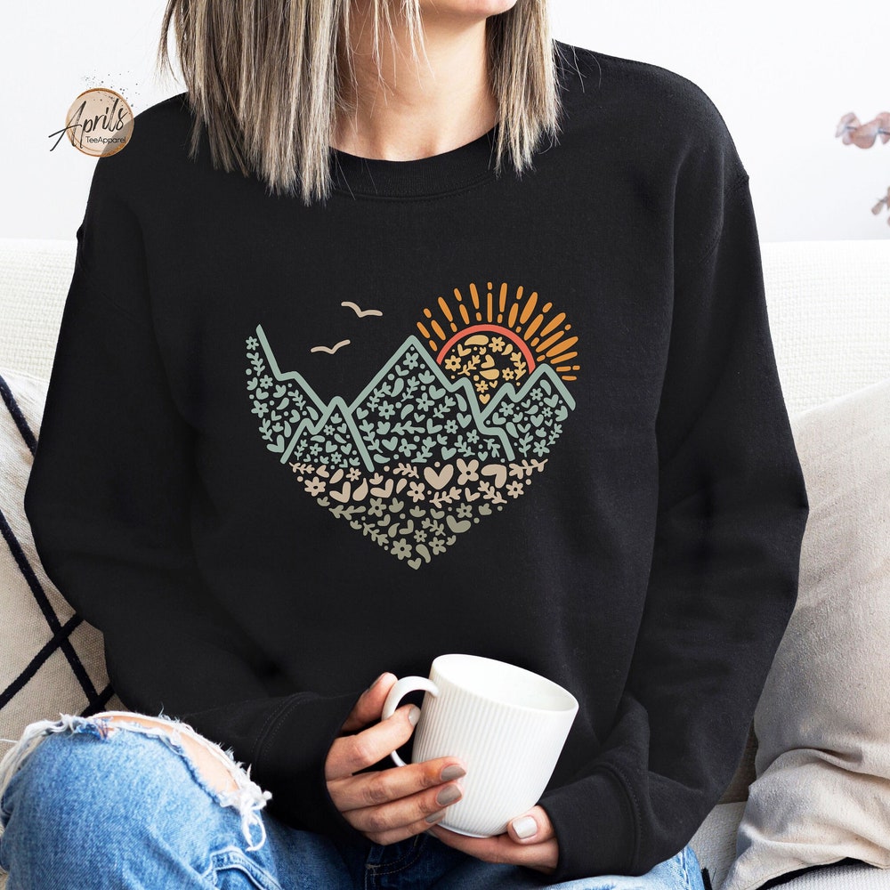 Camping Sweatshirt, Nature Sweatshirt, Mountain Silhouette Sweatshirt,Mountain Heart Sweatshirt, Sunset Sweatshirt, Mountain Sweatshirt Livingtee