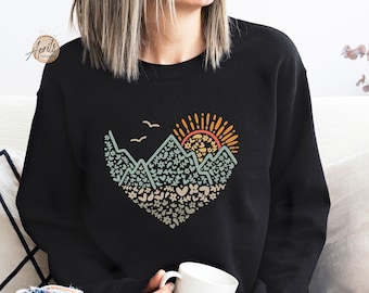 Mountain Heart Graphic Sweatshirt: Nature Sunset Silhouette