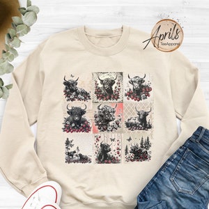 Boho Floral Highland Cow Sweatshirt: Cottagecore Farmhouse Style Hoodie