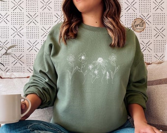 Line Art Flower Sweatshirt, Floral Crewneck