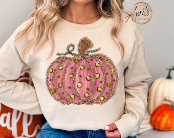 Pink Leopard Pumpkin Sweatshirt, Trendy Fall Shirt