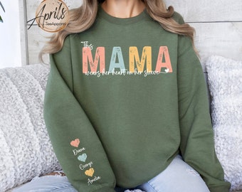 Custom Mama Sweatshirt, This Mama Wears Her Heart On Her Sleeve Hoodie, Custom Gift for Mama, Mama Shirt with Names, Mother's Day Gift