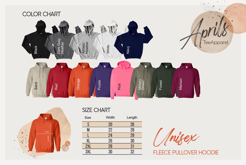 May include: Color chart showing different colors of fleece pullover hoodies. The chart includes colors like black, dark gray heather, athletic heather, white, navy, sand, red, orange, purple, pink, military green, forest, and maroon. A size chart is also included with measurements in inches for sizes S, M, L, XL, 2XL, and 3XL.