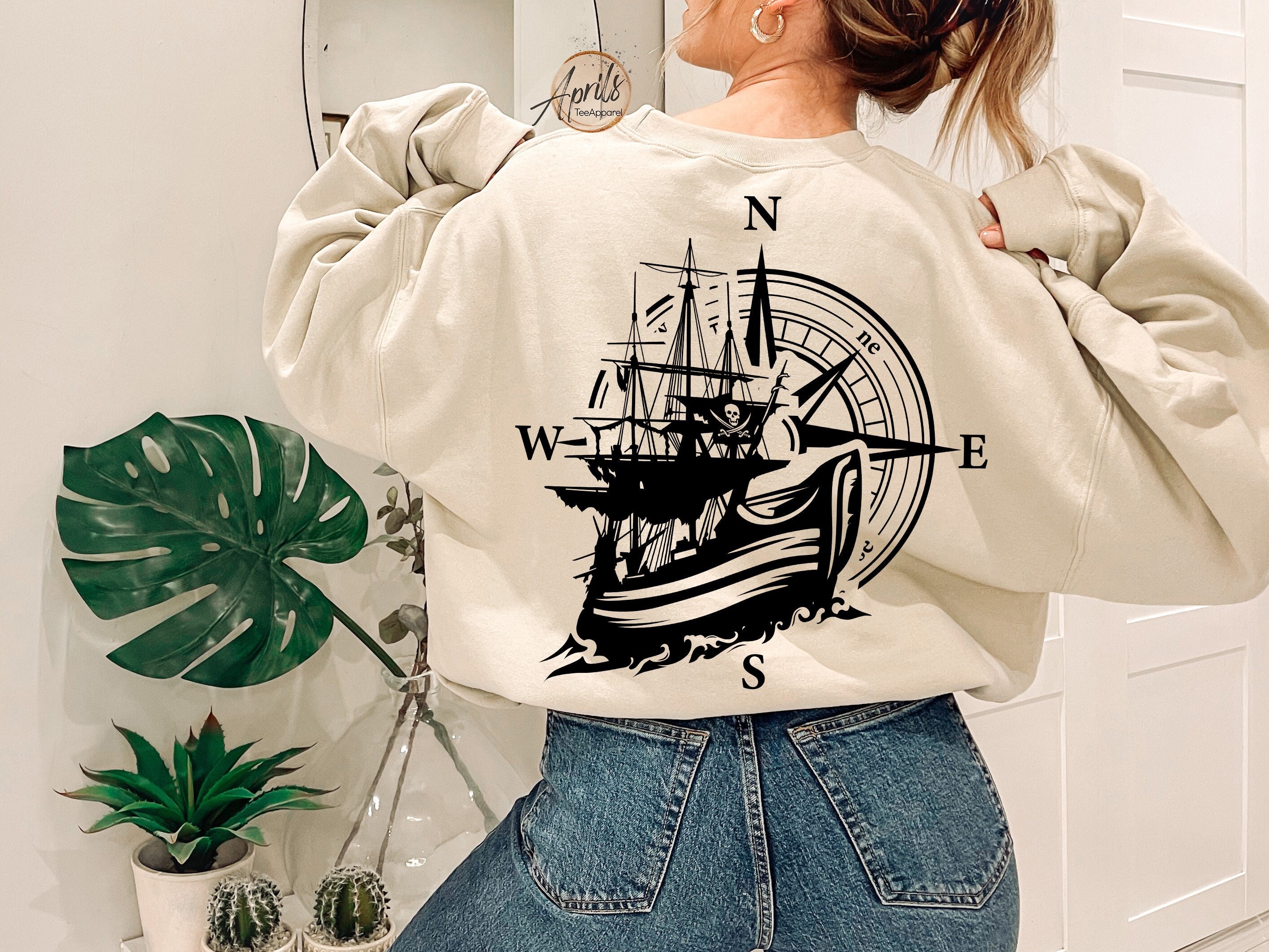 Pirate Ship Sweatshirt, Pirate Ship Hoodie, Ghost Ship Shirt, Compass Sweatshirt, Ship Compass Shirt, Pirate Flag Shirt, Pirate Themed Gift