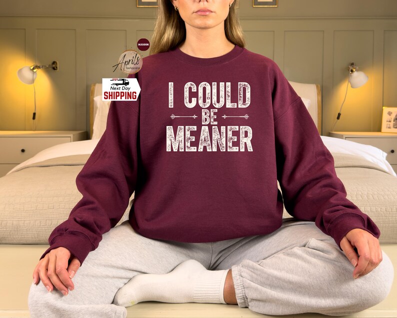May include: A maroon sweatshirt with the text "I could be meaner" in white lettering with arrows on either side of the text.