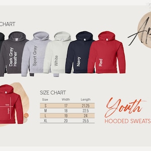 May include: Color chart showing a youth hooded sweatshirt in black, dark gray heather, sport gray, white, navy, and red. Size chart shows sizes S, M, L, and XL with corresponding width and length measurements in inches.