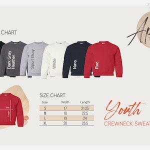 May include: Color chart for youth crewneck sweatshirts in black, dark gray heather, sport gray, white, navy, and red. Size chart with measurements in inches for sizes S, M, L, and XL.  Aprils TeeApparel.