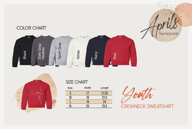 May include: Color chart for youth crewneck sweatshirts in black, dark gray heather, sport gray, white, navy, and red. Size chart with measurements in inches for sizes S, M, L, and XL.  Aprils TeeApparel.