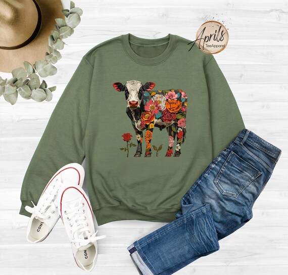Floral Cow Graphic Sweatshirt, Farm Animal Hoodie