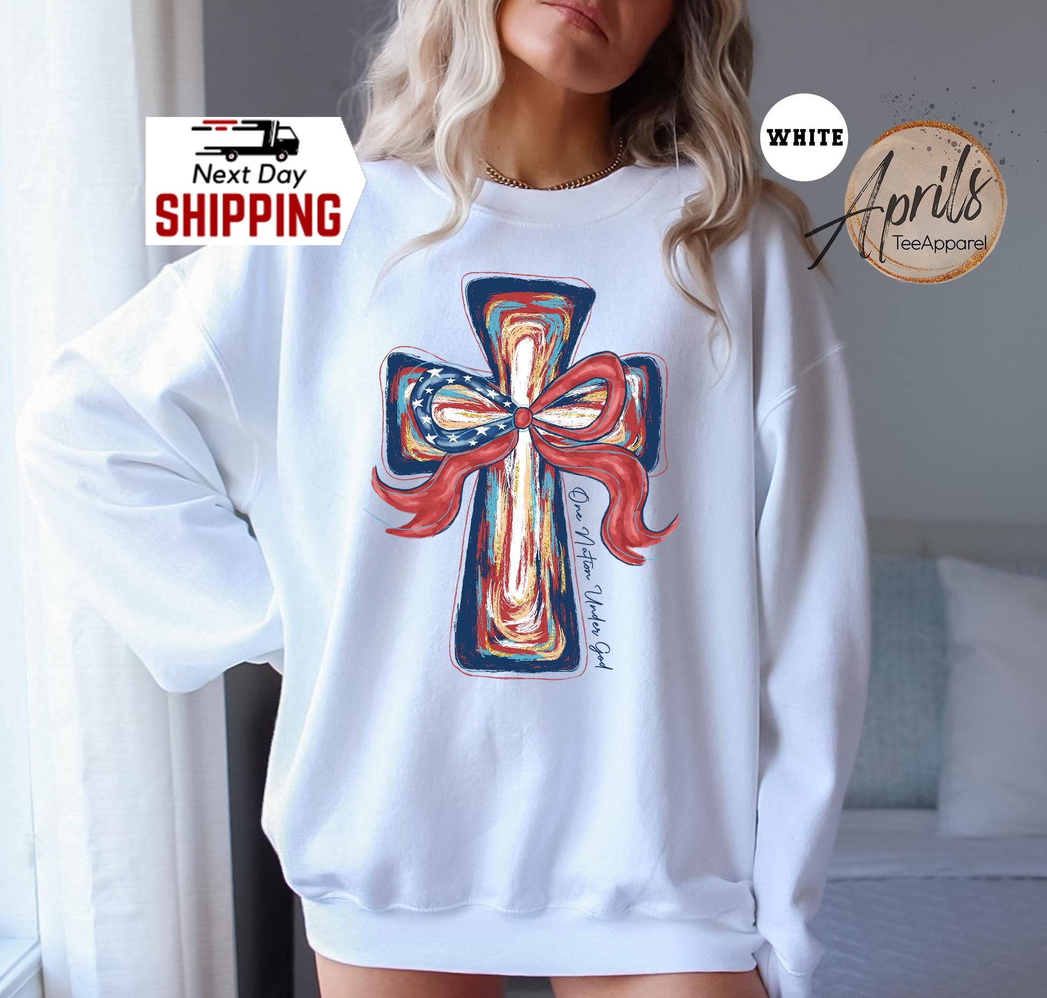 Christian Cross Sweatshirt: Patriotic Bow, USA Flag
