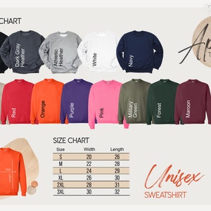 May include: A color chart of unisex sweatshirts in various colors, including black, navy, and pink. The image also shows a size chart with measurements in inches and the text "Aprils TeeApparel".