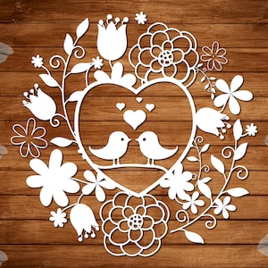 Liebe Vögel Papercut Vorlage, Hochzeit romantische Papierschnitt, Cricut Silhouette geschnitten, Liebe Vögel Foliage Design, Liebe Vögel svg - digitaler download