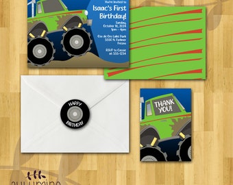 Truck Blue Green Red Birthday Party Invitation Set | Design Suite with 3 Templates | Editable | Customize and Print | Monster Truck