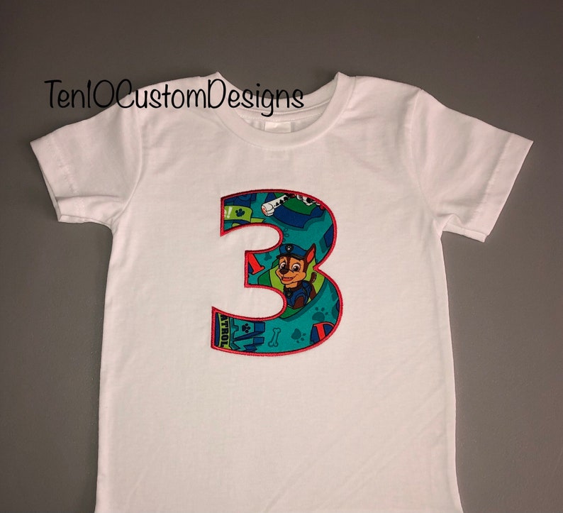 Police Dog Character Fabric Embroidered Appliqu\u00e9 Number T-Shirt, 3rd Third Boys Birthday shirt
