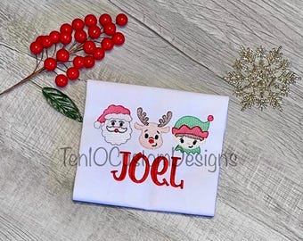 Christmas Santa, Reindeer and Elf Trio Sketch Embroidered Shirt Personalized Holiday Shirt