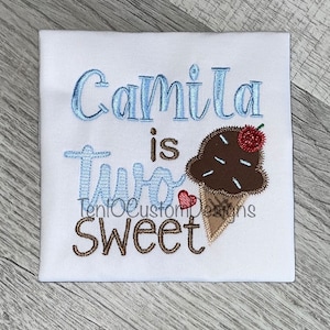 Girls Two Sweet Chocolate Ice Cream Birthday Shirt, Personalized Ice Cream Shirt, Girls  2nd Birthday Ice Cream Cone Shirt