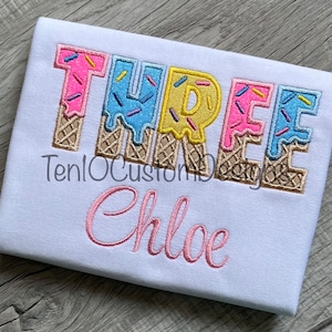 3rd Birthday Ice Cream Waffle Cone Word Number Birthday Shirt Ice Cream Birthday T-shirt, Girls Sprinkles Ice Cream Birthday Tee