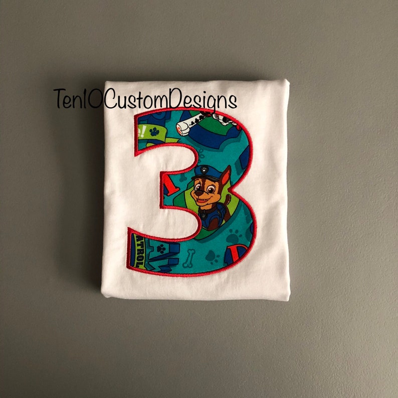 Police Dog Character Fabric Embroidered Appliqu\u00e9 Number T-Shirt, 3rd Third Boys Birthday shirt
