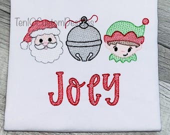 Christmas Santa, Jingle Bell and Elf Trio Sketch Embroidered Shirt Personalized Holiday Shirt